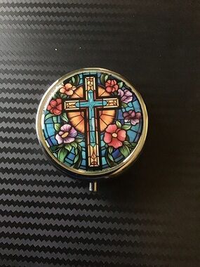 Stained Glass Cross Round Pill Box - Multicolor Floral Design